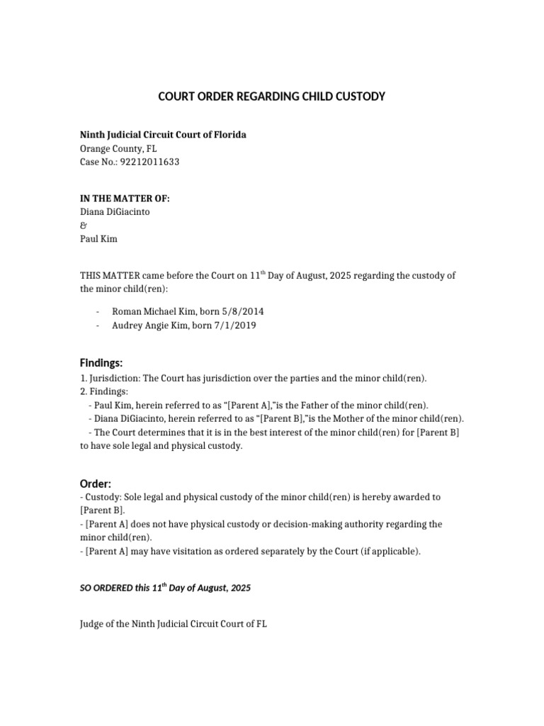 Florida Child Custody Court Order | PDF