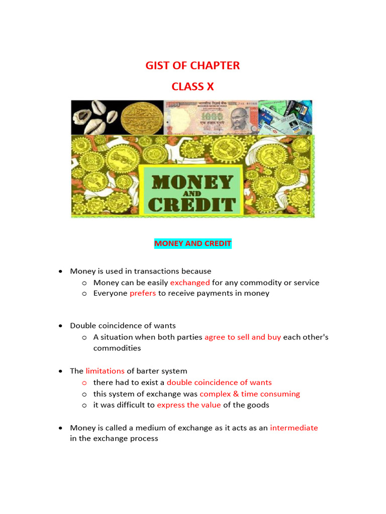 Money and Credit Concepts for Class X | PDF | Money | Loans
