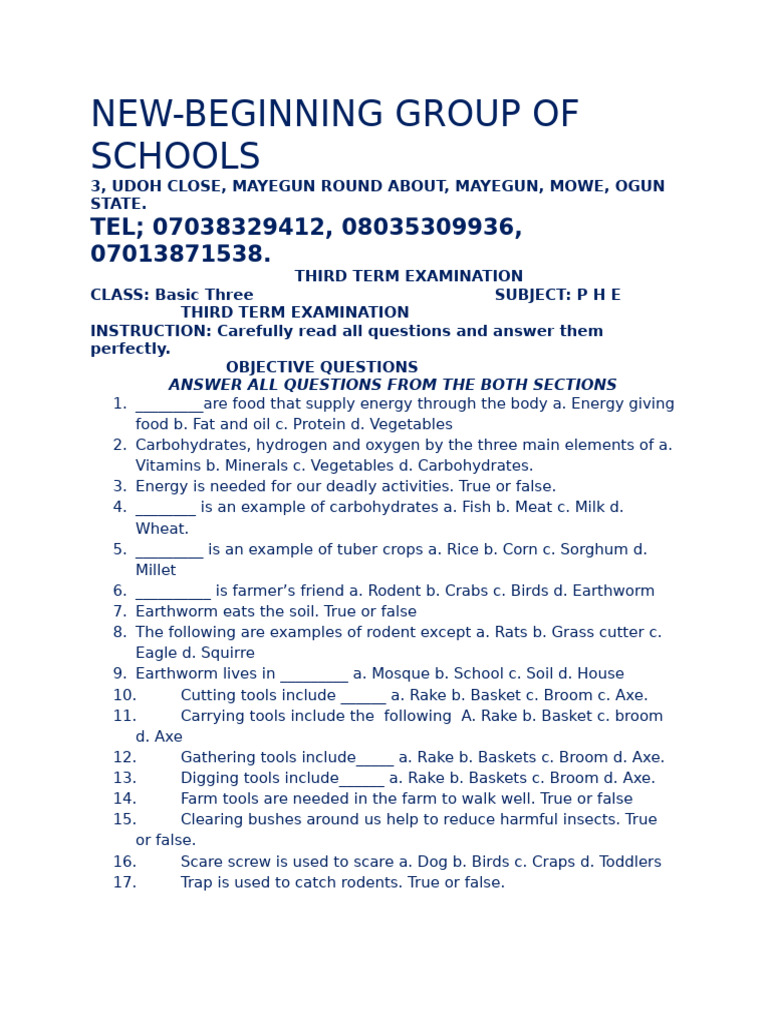 Basic Three PHE Third Term Exam Guide | PDF | Foods | Food Industry