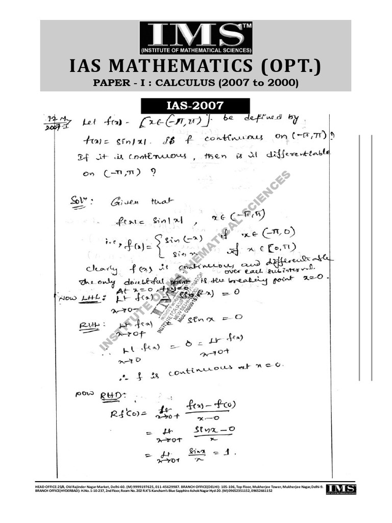 IAS Mathematics Paper I Solutions: Calculus | PDF | Mathematics