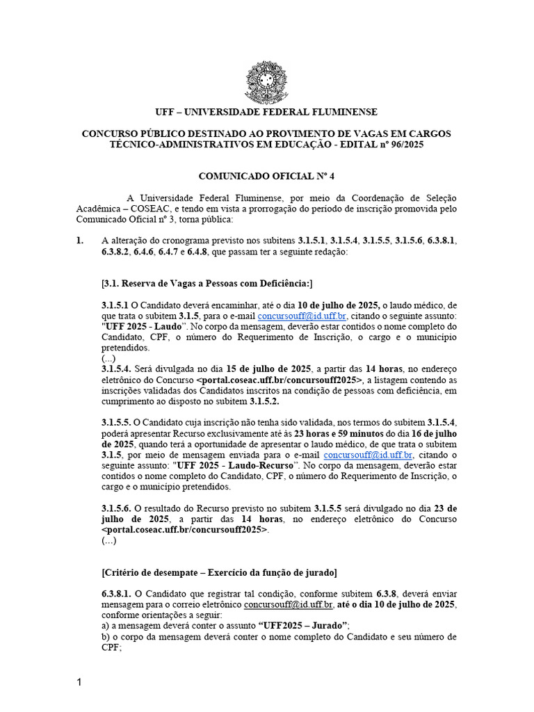 Prorrogação Inscrições Concurso UFF 2025 | PDF