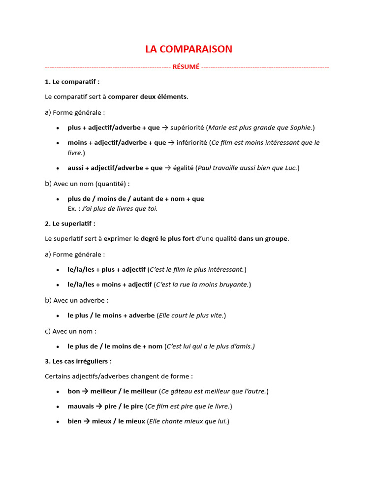 Exercices sur la comparaison en français | PDF | Adverbe