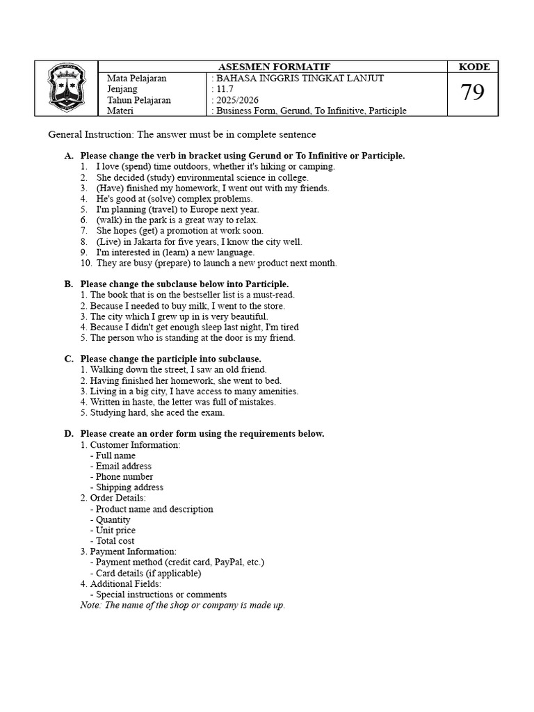 Asesmen Formatif - Bahasa Inggris TL 11 - 2526 | PDF