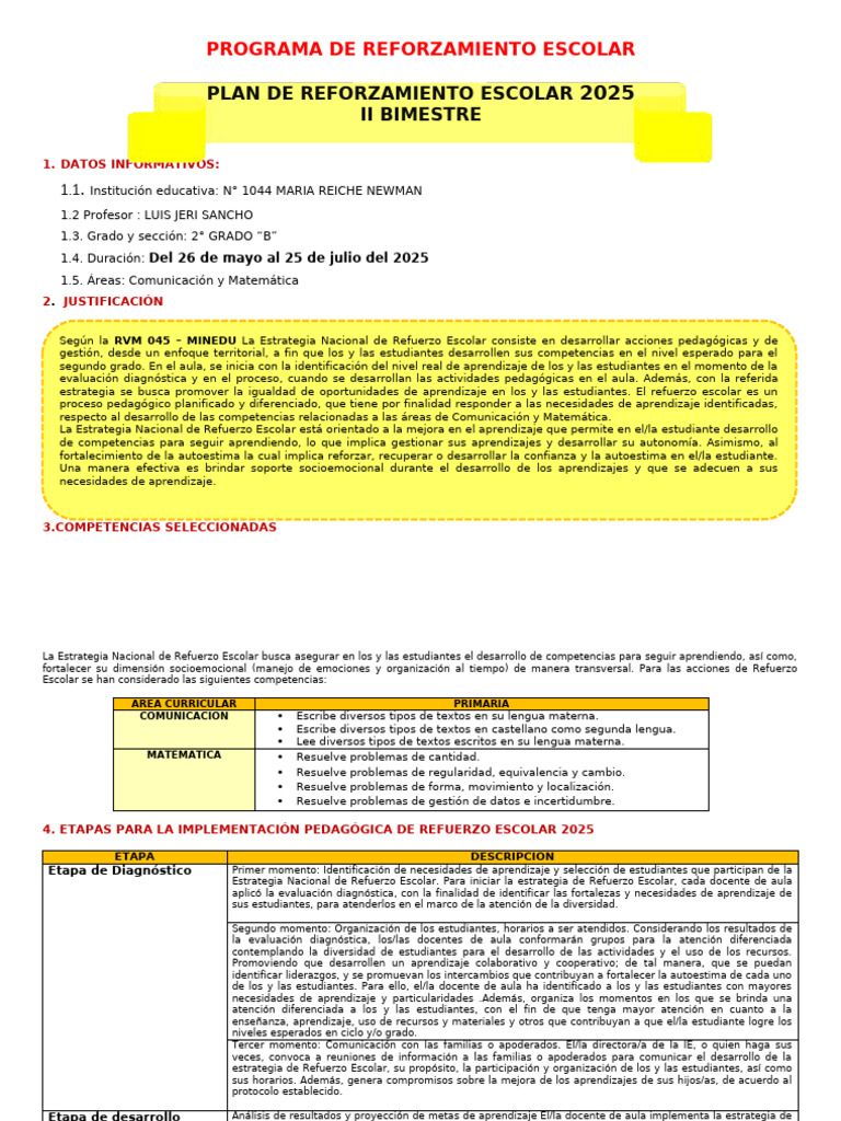 Plan de Refuerzo Escolar 2025 para 2° Grado | PDF | Evaluación ...