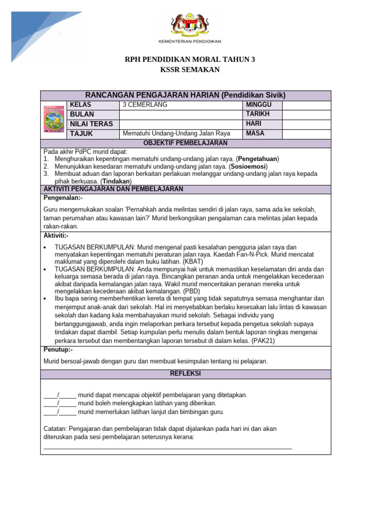 RPH Pendidikan Moral: Undang-Undang Jalan Raya | PDF