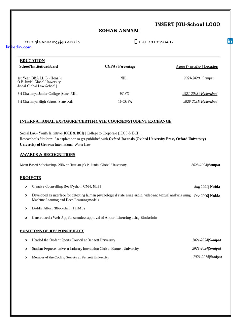 Universal JGU CV Template for All Schools (Format) (1) | PDF