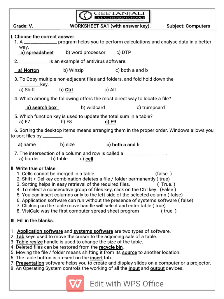 COMPUTER SA1 GRADE V Worksheet With Answers Key | PDF | Computer File ...