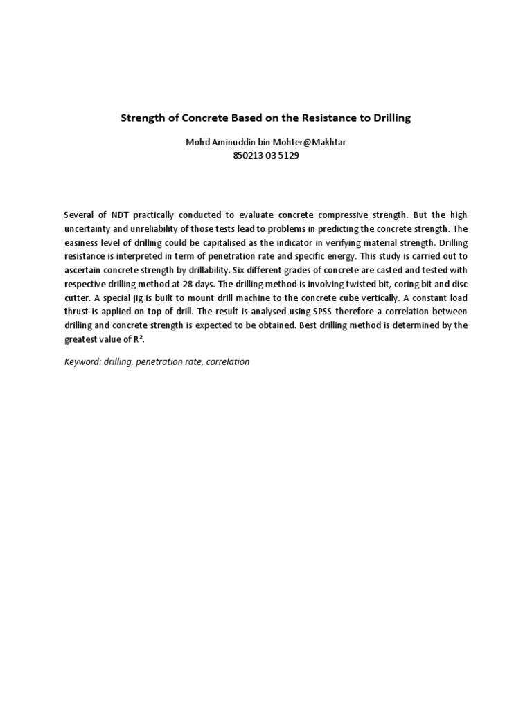 Concrete Strength via Drilling Analysis | PDF
