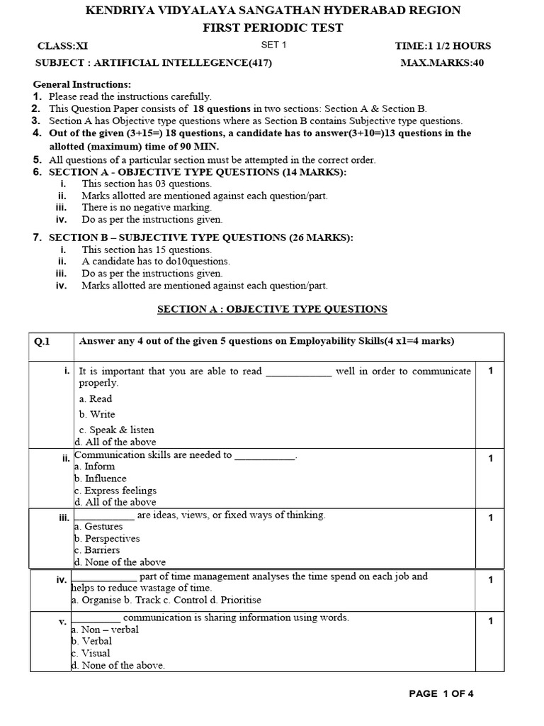 Class XI AI Periodic Test Paper | PDF | Artificial Intelligence ...