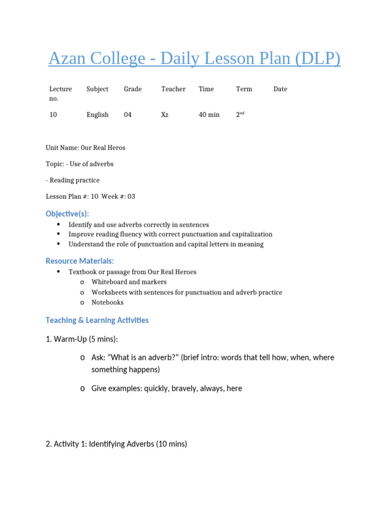 G 4 English L PLan N0 10 | PDF | Lesson Plan | Linguistics