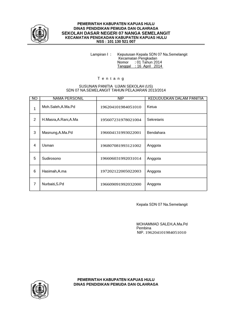 Struktur Panitia Ujian SDN 07 Nanga Semelangit | PDF