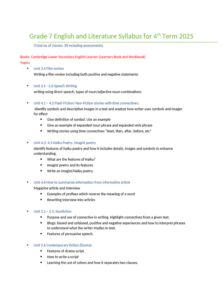 Grade 7 English & Literature Syllabus 2025 | PDF | Poetry | Linguistics