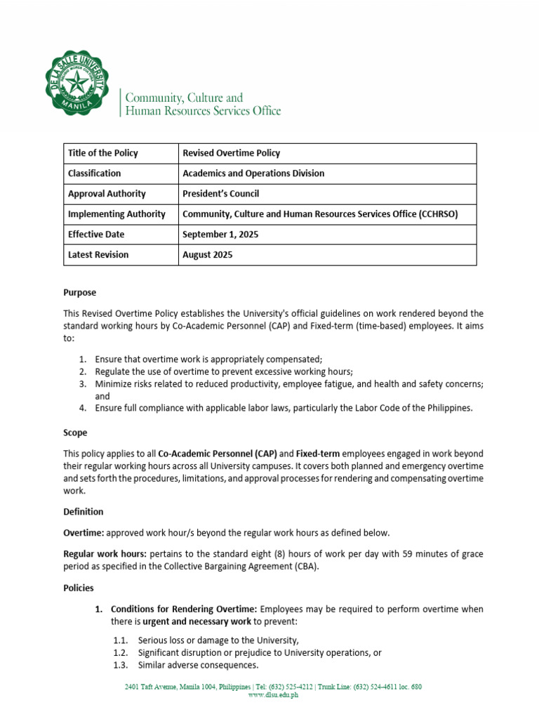 Revised Overtime Policy | PDF | Overtime | Working Time