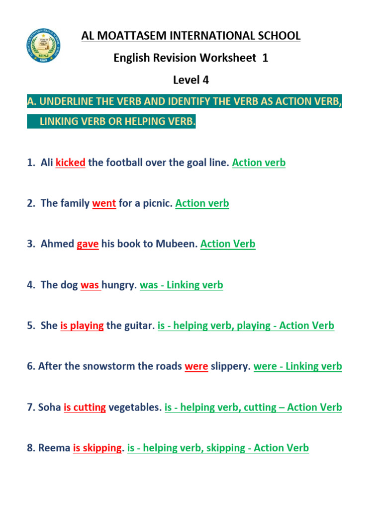 Level 4 English Verb Worksheet | PDF