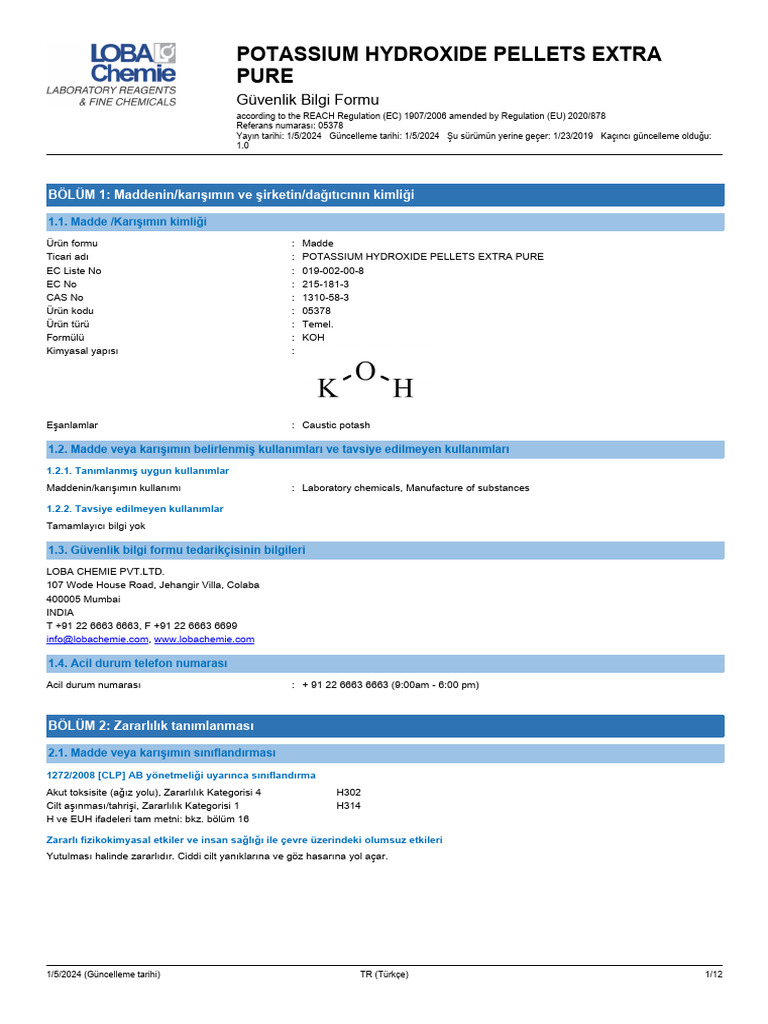 Msds Potassium Hydroxide Pellets Casno 1310-58-05378 TR - Aspx | PDF