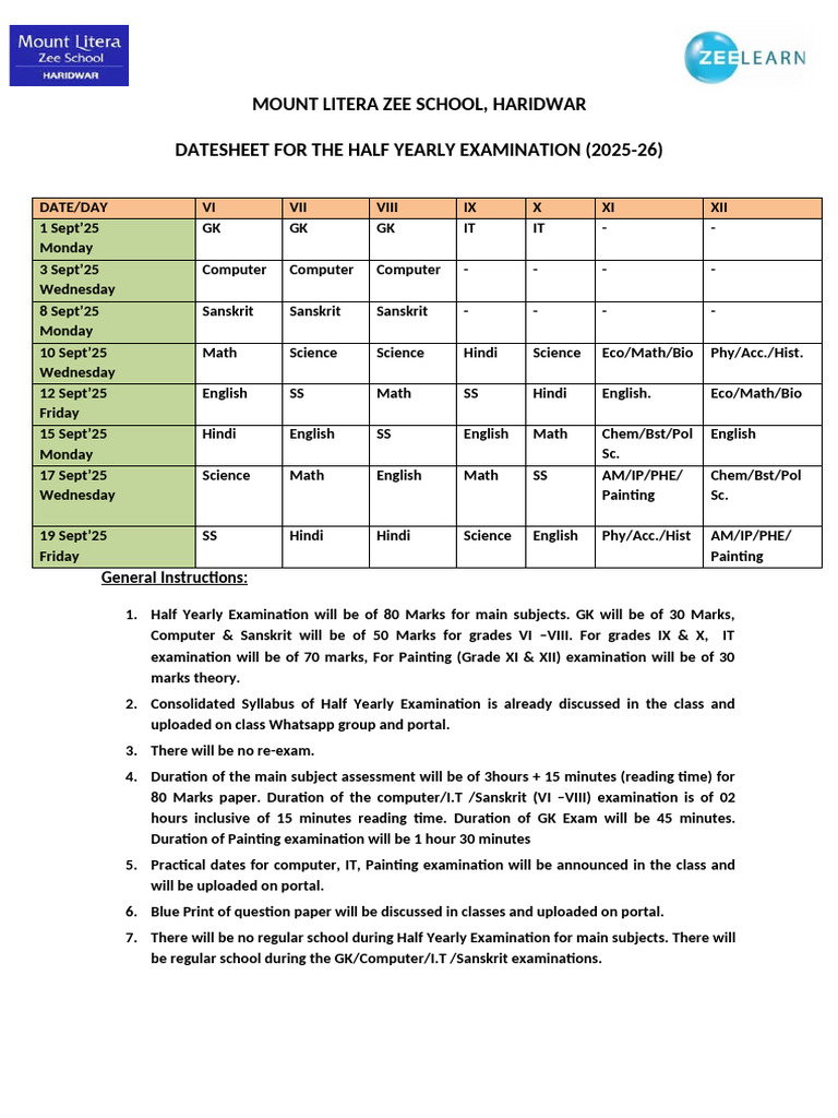 Half Yearly Eamination Datesheet Vi To Xii 2025-26 | PDF | Chess ...