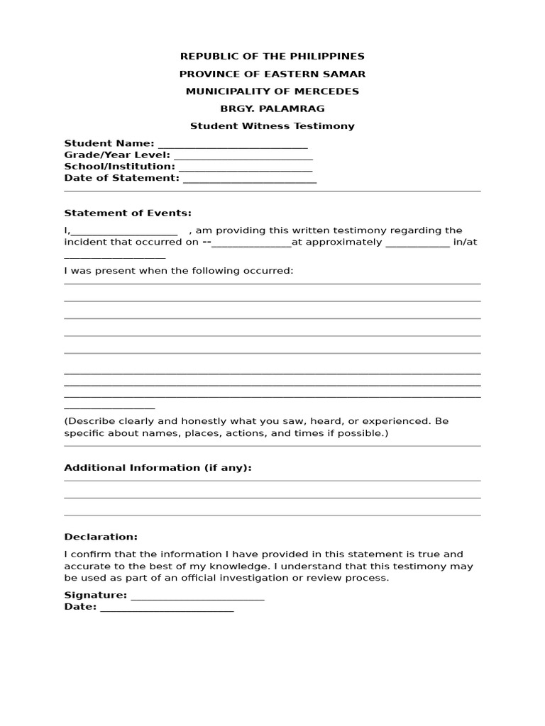 Student Witness Testimony Template | PDF