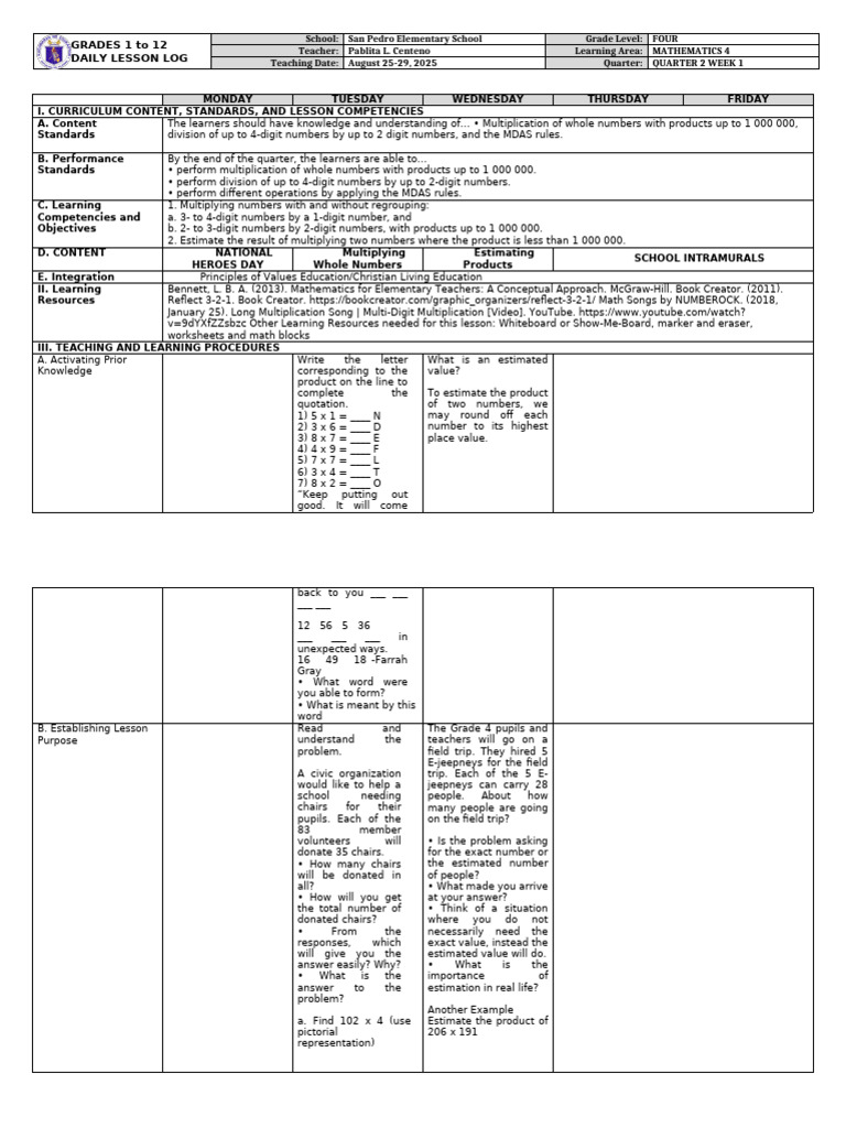 MATH 4 | PDF | Multiplication | Teachers