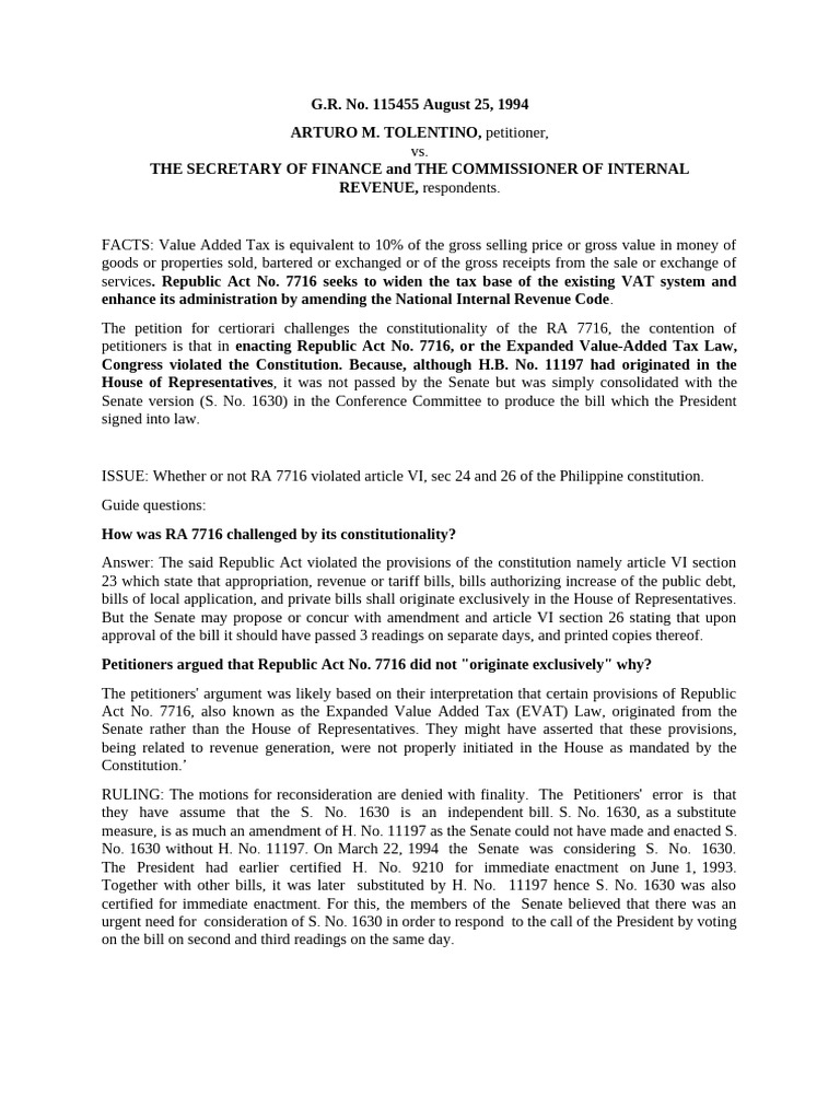 Constitutionality of RA 7716 Challenged | PDF | Bill (Law) | United ...