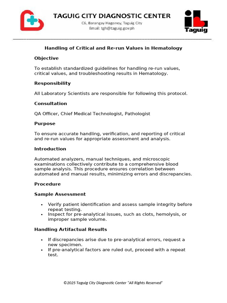 Handling of Critical and Re-Run Values Hematology | PDF | Medical ...