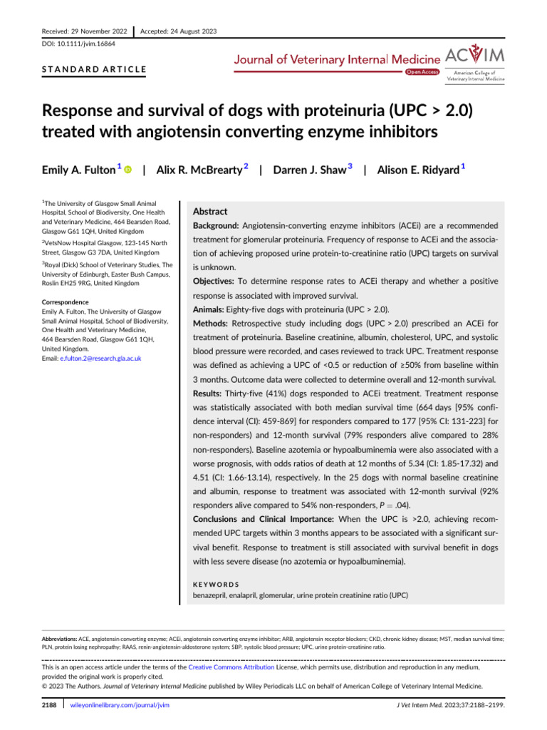 ACE Inhibitors Improve Survival in Dogs with Proteinuria | PDF ...