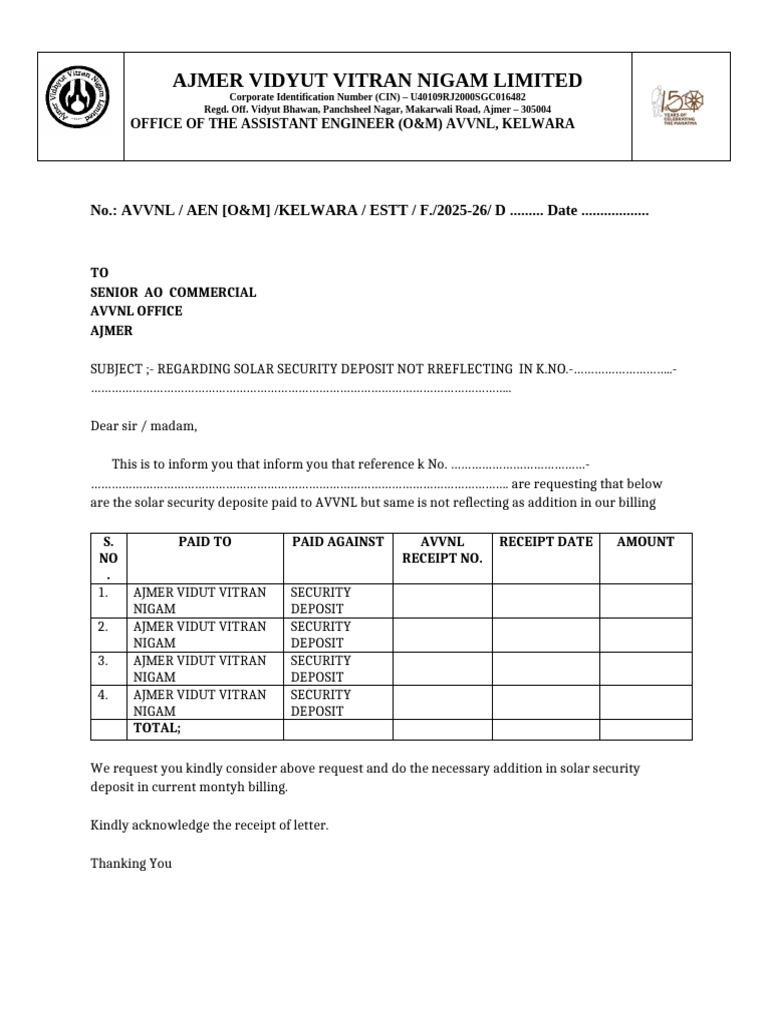 Solar Security Deposit Inquiry to AVVNL | PDF