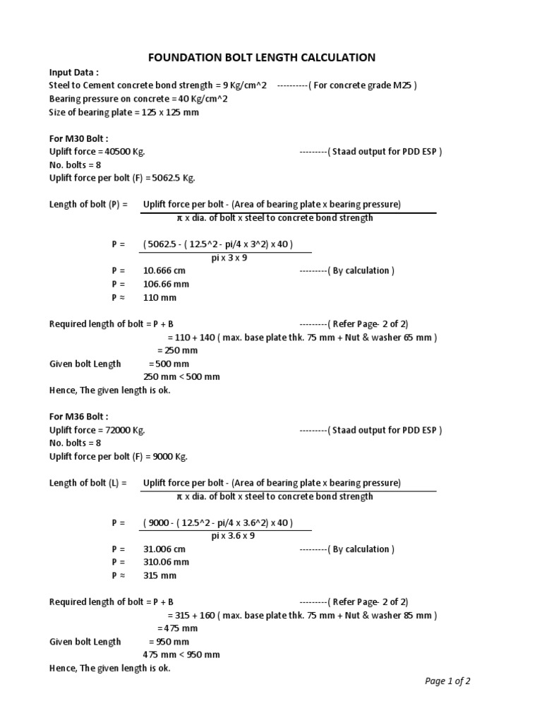 Foundation Bolt Length Calculation Input Data