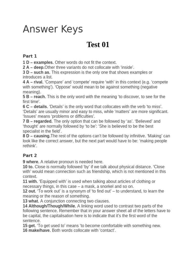 FCE Reading & Use of English Answers | PDF | Verb | Sentence (Linguistics)