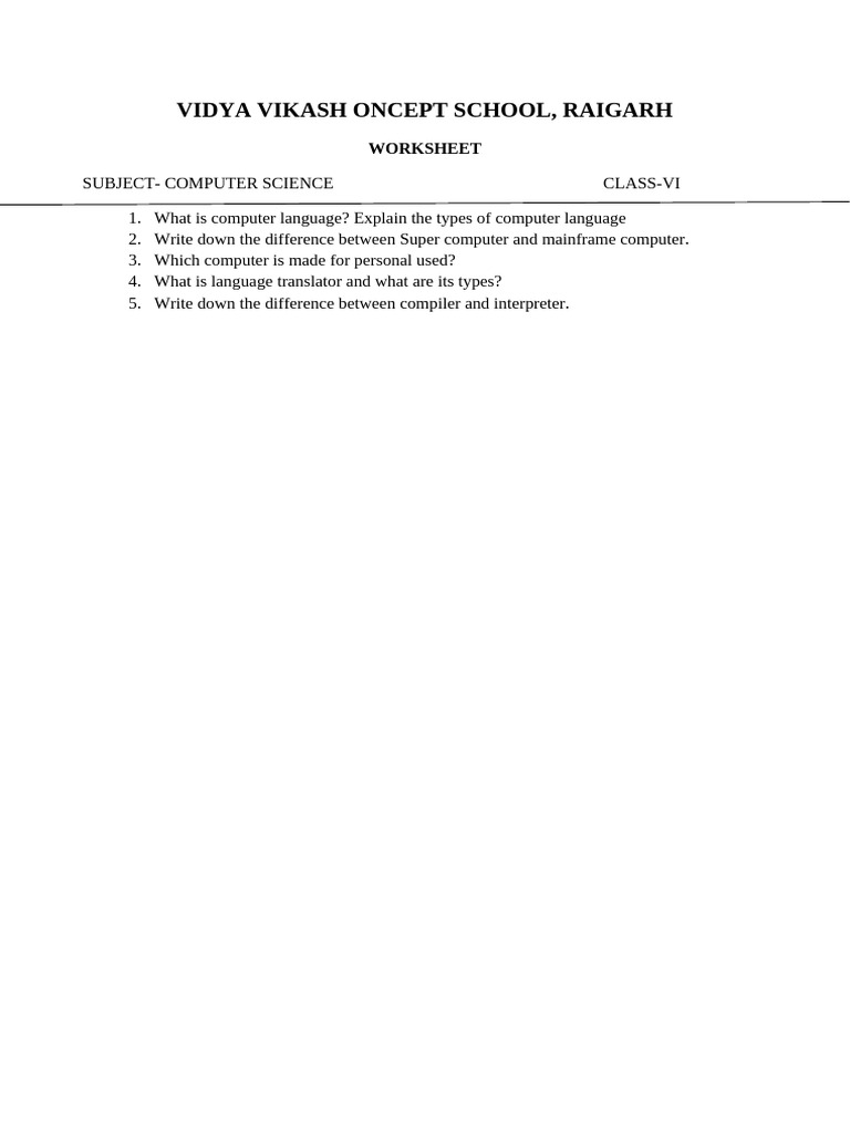 Computer Science Worksheet for Class VI | PDF