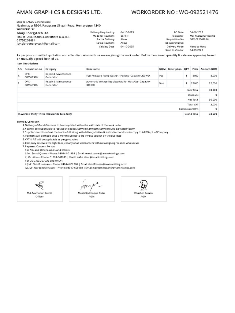 Work Order for Generator Parts Repair | PDF
