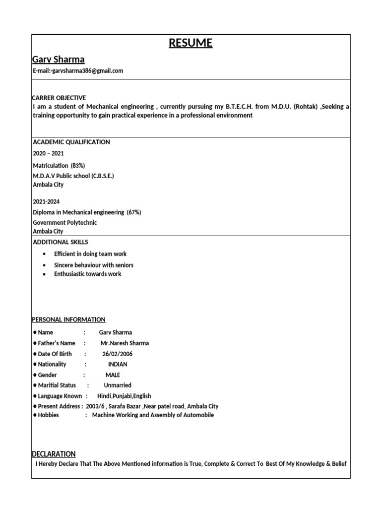 Garv Sharma's Mechanical Engineering Resume | PDF