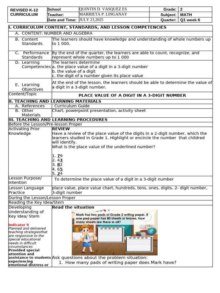 Place Value in 3-Digit Numbers Lesson | PDF | Learning | Teachers
