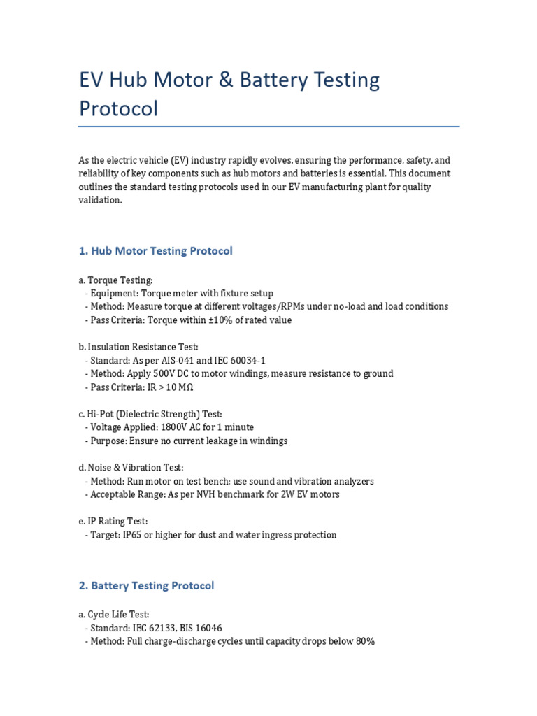 EV Hub Motor & Battery Testing Protocol | PDF
