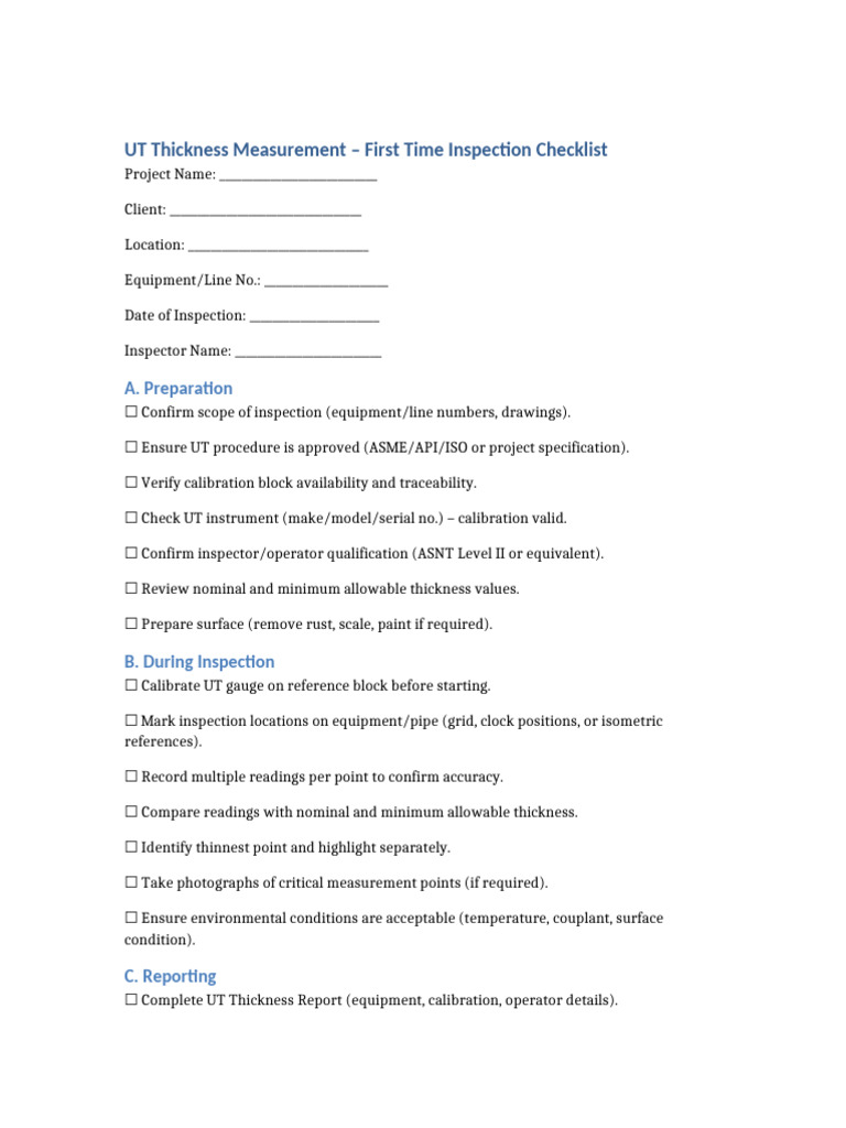 UT Thickness Inspection Checklist Guide | PDF