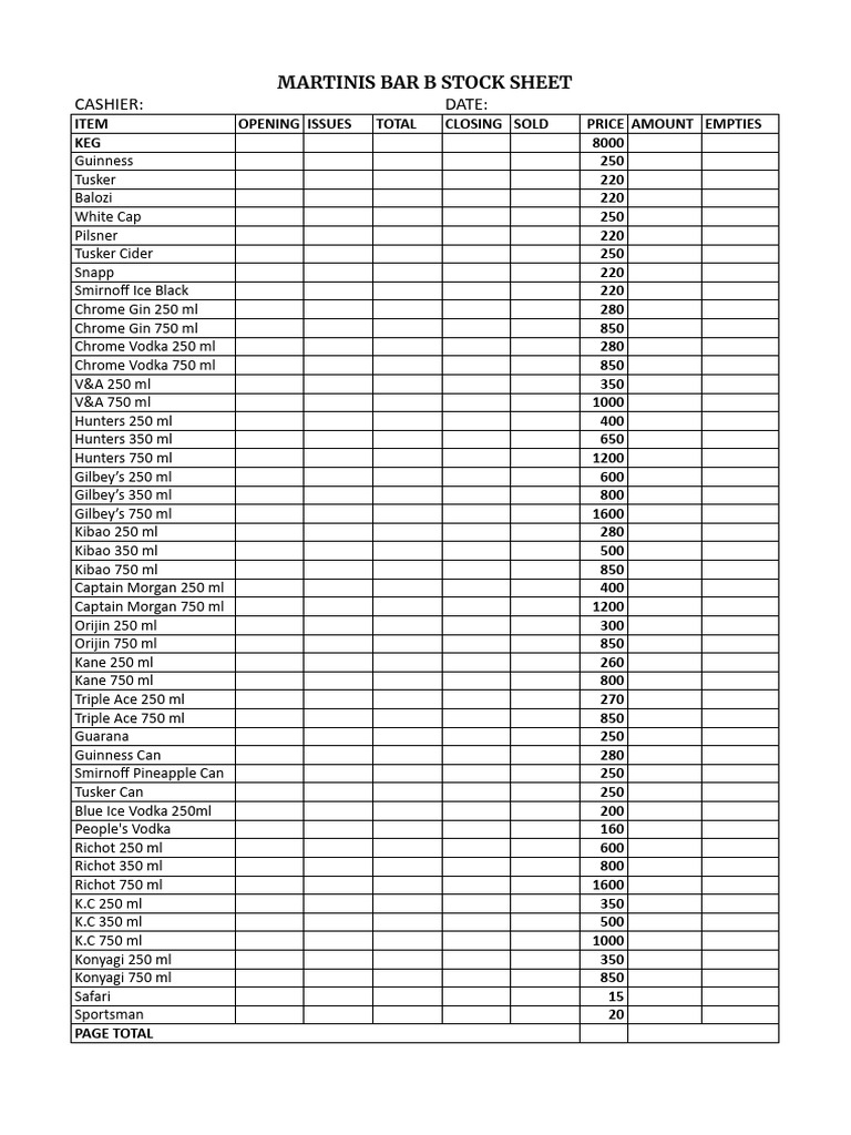 Martinis Bar B Stock Sheet 2 Copies | PDF | Drink