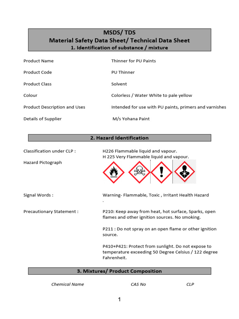 PU Paint Thinner Safety Data Sheet | PDF | Dangerous Goods | Toxicity