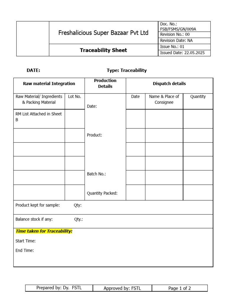 Traceability Sheet for Freshalicious | PDF