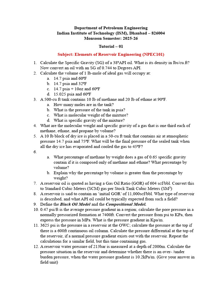 Reservoir Engineering Tutorial Exercises | PDF | Pressure | Gases