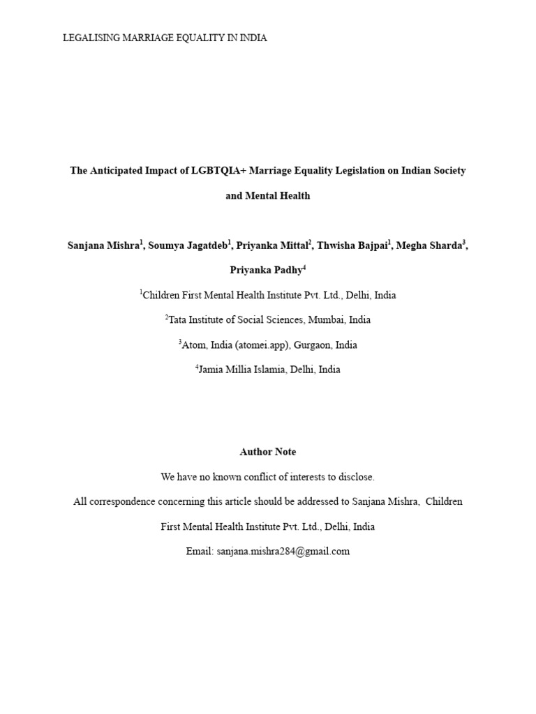 Impact of Marriage Equality on LGBTQIA+ Mental Health in India | PDF ...