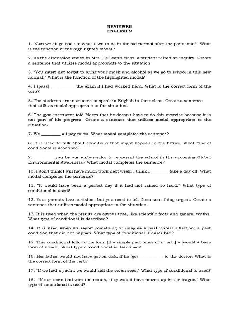 English 9 Modal and Conditional Exercises | PDF | Verb | Linguistics