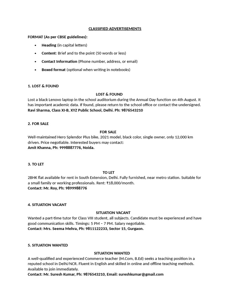 Classified Ads: Lost, Sale, Rent, Jobs | PDF