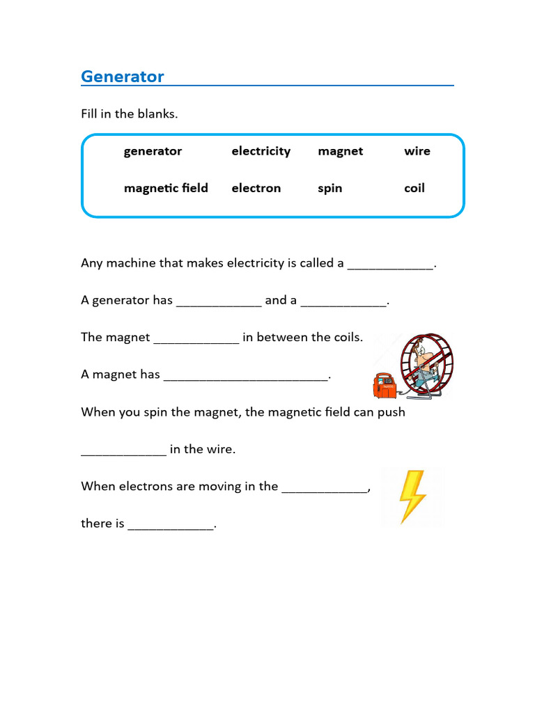 Electricity Generator Fill-in-the-Blank Worksheet | PDF