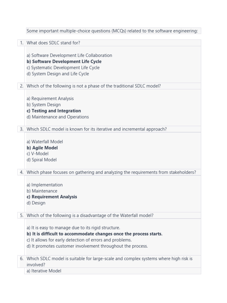 Software Engineering MCQs for Students | PDF | Software Development ...