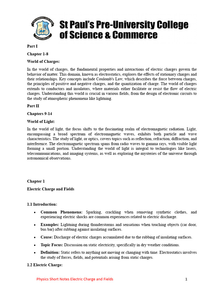 Short Notes Electric Charge and Fields - 240305 - 225240 | PDF ...