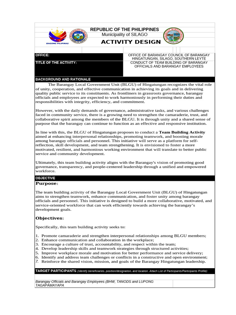 Team Building for Barangay Hingatungan | PDF | Team Building ...
