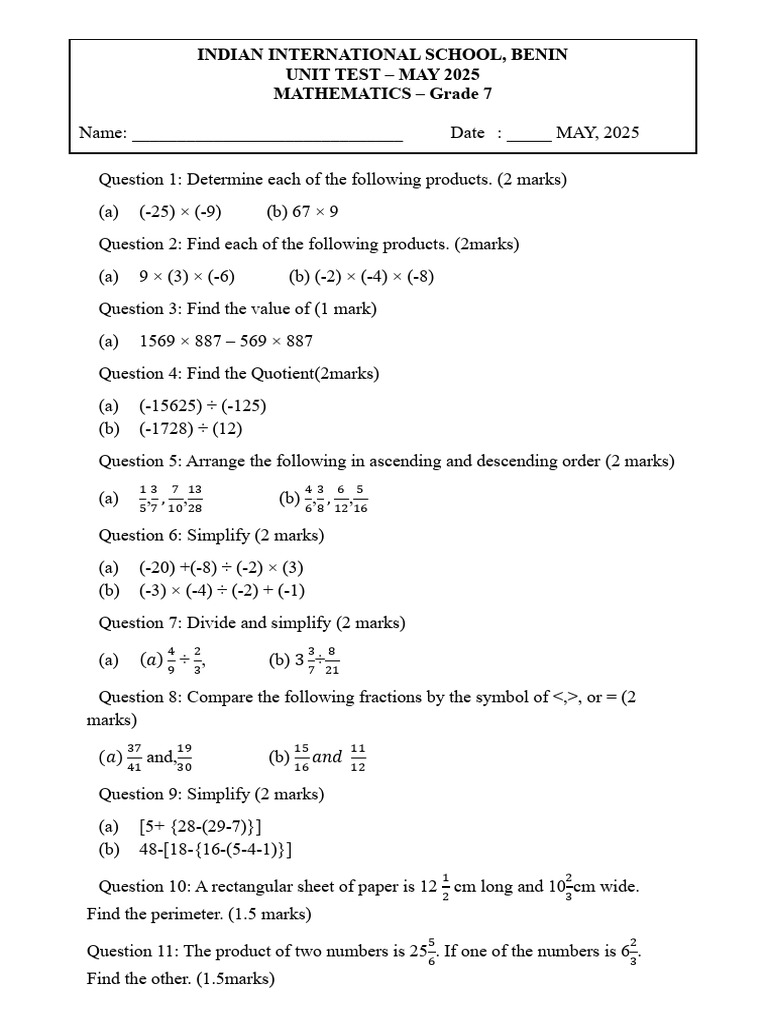 Grade 7 Math Unit Test Questions | PDF