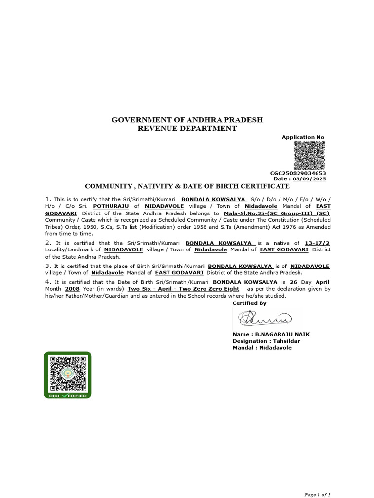 Caste Certificate Bondala Kowsalya | PDF