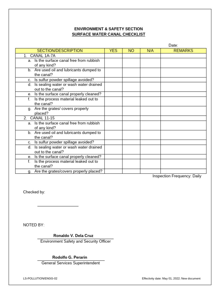 Logsheet (Surface Water Canal Checklist) | PDF