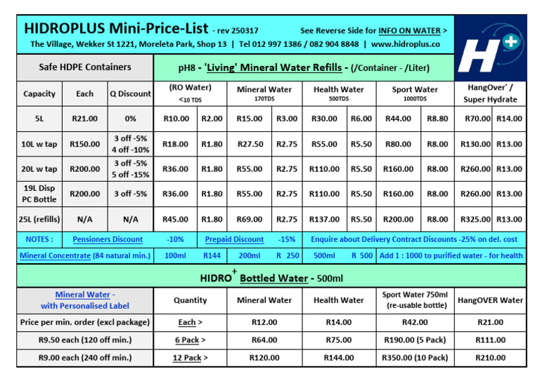 Hidroplus Water Price List and Discounts | PDF