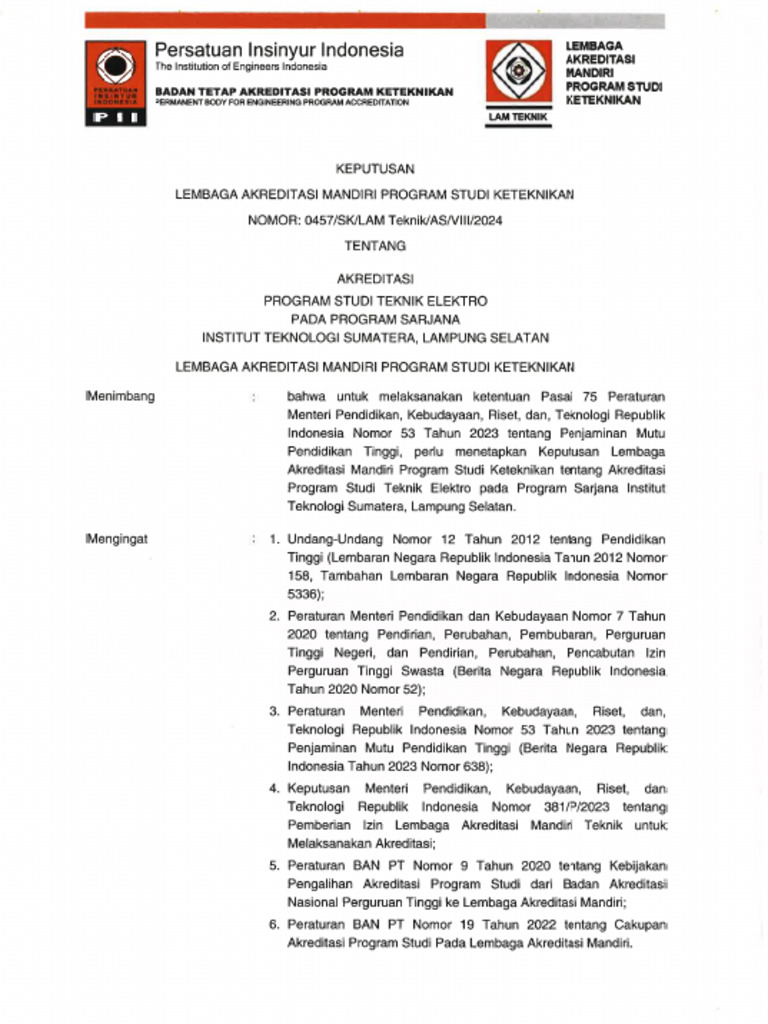SK Akreditasi Prodi Teknik Elektro (21.08.24-20.08.29) | PDF